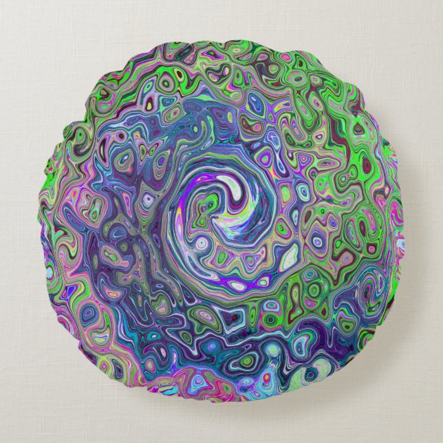 Marbled Lime Green and Purple Abstract Retro Swirl Round Cushion (Front)
