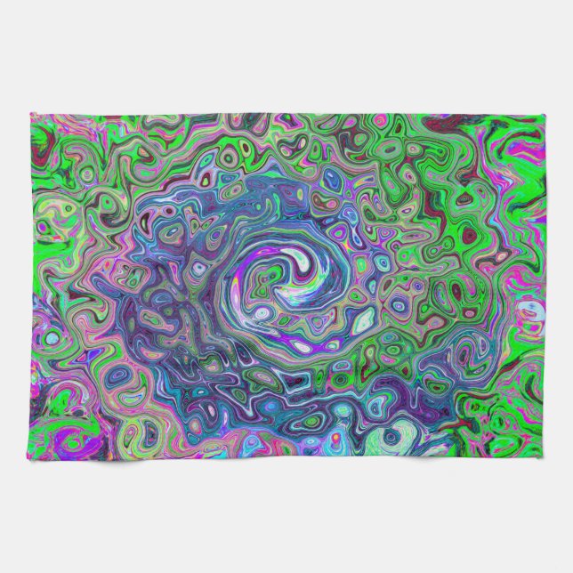 Marbled Lime Green and Purple Abstract Retro Swirl Tea Towel (Horizontal)