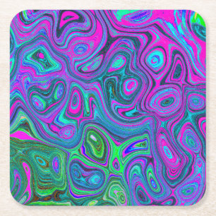 Marbled Magenta and Lime Green Groovy Abstract Art Square Paper Coaster