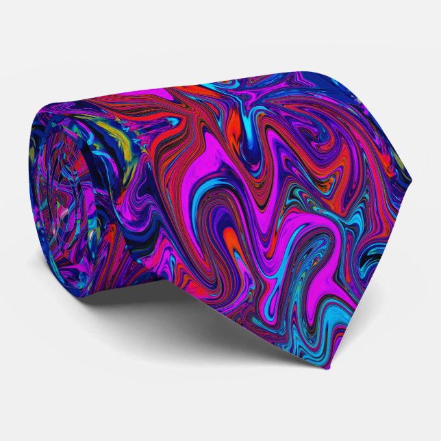 Marbled Magenta, Blue and Red Abstract Art Tie (Rolled)