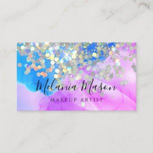 Marbled Makeup Artist Glitter QR Code Pink Blue Business Card