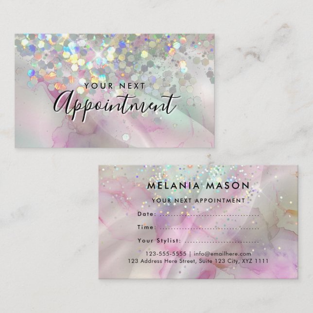 Marbled Makeup Artist Holographic Glitter Appointment Card (Front/Back)
