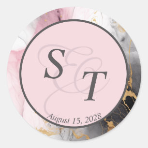 Marbled Monogram Dusty Rose Black Gold Abstract Classic Round Sticker