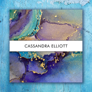 Marbled Multicolored & Gold Abstract Liquid Art Square Business Card