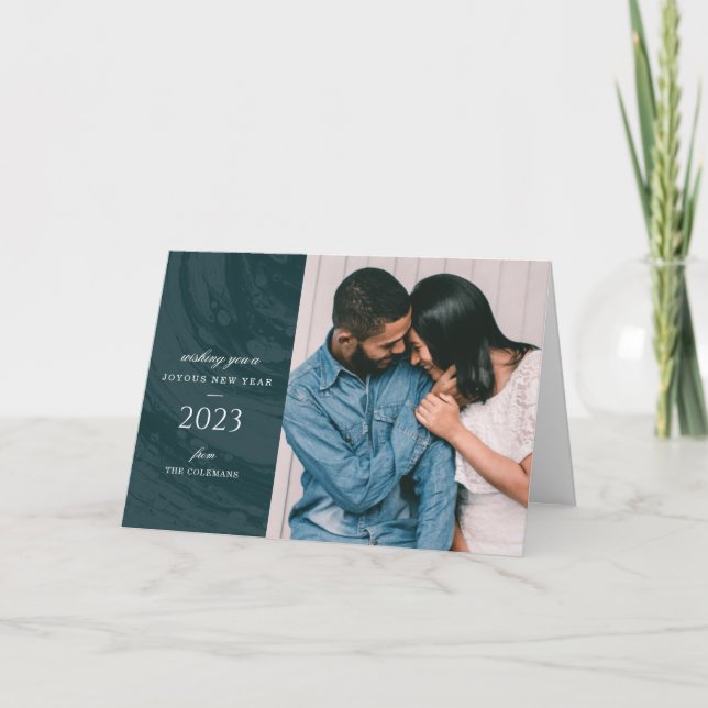 Marbled New Year's Photo Greeting Card - Teal (Front)