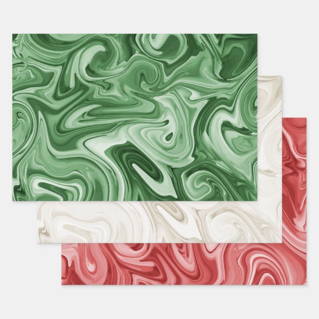 Marbled Paint Christmas Colours Red Green Champaig Wrapping Paper Sheet (Set)