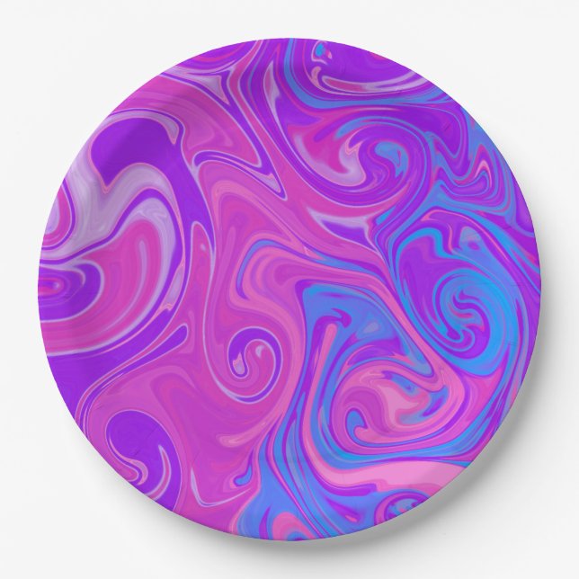 Marbled Paint Swirl Pink Purple Colourful Art Fun  Paper Plate (Front)