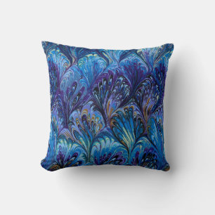 MARBLED PAPER,ABSTRACT BLUE PEACOCK PATTERN,SWIRLS CUSHION