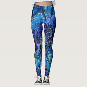 MARBLED PAPER,ABSTRACT BLUE PURPLE PEACOCK PATTERN LEGGINGS