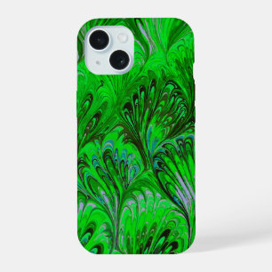 MARBLED PAPER,ABSTRACT GREEN PEACOCK PATTERN iPhone 15 CASE