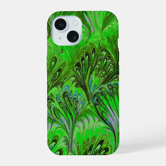 MARBLED PAPER,ABSTRACT GREEN PEACOCK PATTERN iPhone 15 CASE (Back)