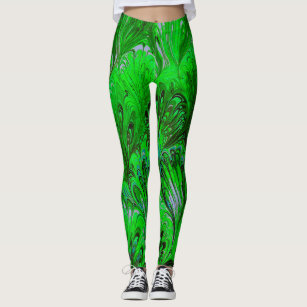 MARBLED PAPER,ABSTRACT GREEN PEACOCK PATTERN LEGGINGS