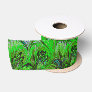 MARBLED PAPER,ABSTRACT GREEN PEACOCK PATTERN SATIN RIBBON