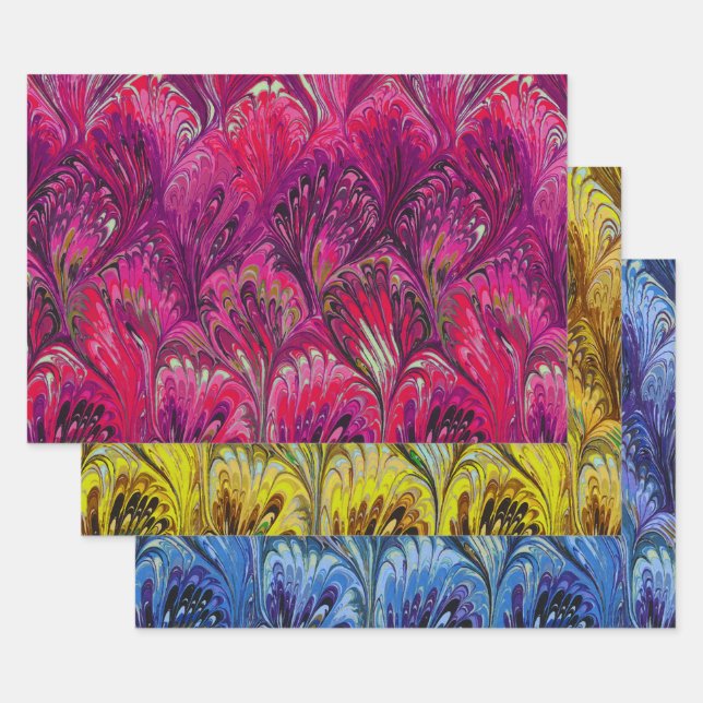 MARBLED PAPER,ABSTRACT PINK BLUE YELLOW PATTERN WRAPPING PAPER SHEET (Set)