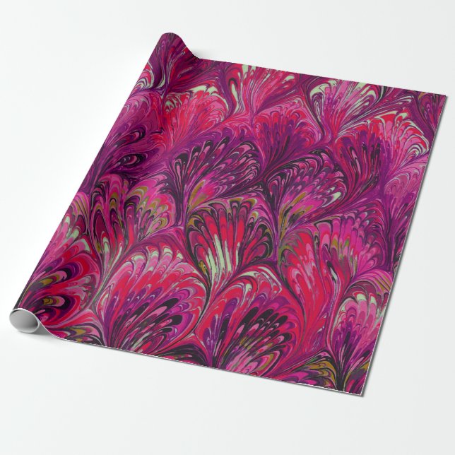 MARBLED PAPER,ABSTRACT PINK PEACOCK PATTERN WRAPPING PAPER (Unrolled)