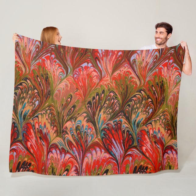 MARBLED PAPER,ABSTRACT RED PEACOCK PATTERN,SWIRLS FLEECE BLANKET (In Situ)