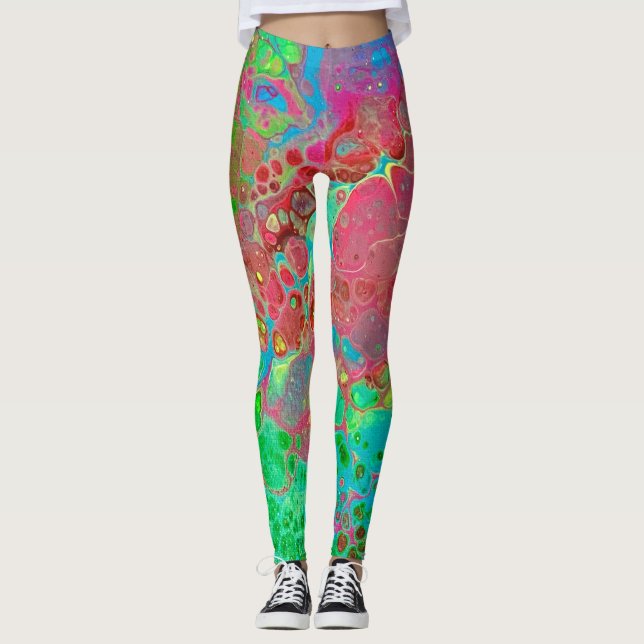 Marbled Pink Green Abstract Artistic Leggings (Front)