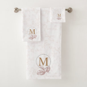 Marbled Rose & Gold Lettered Monogrammed Bath Towel Set