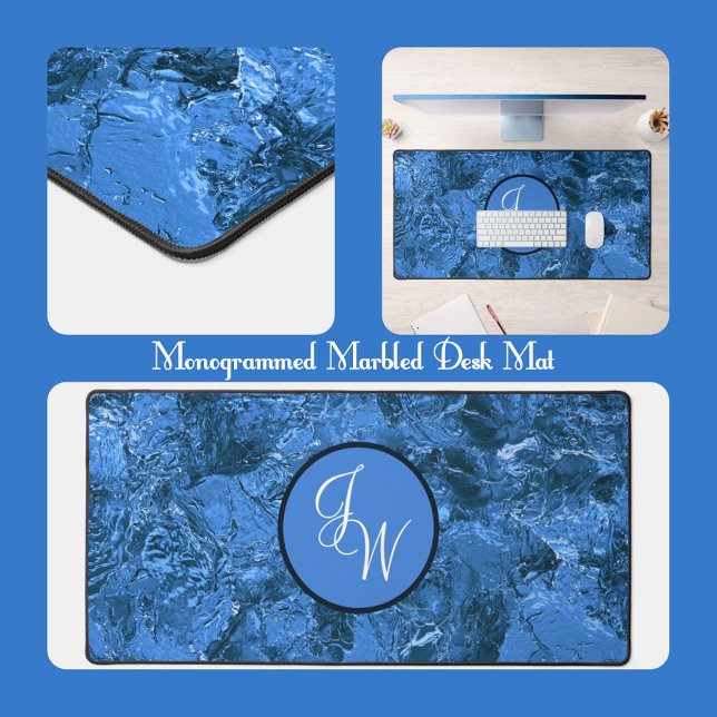 Marbled Shades of Blue with Initials or Monogram Desk Mat (Creator Uploaded)