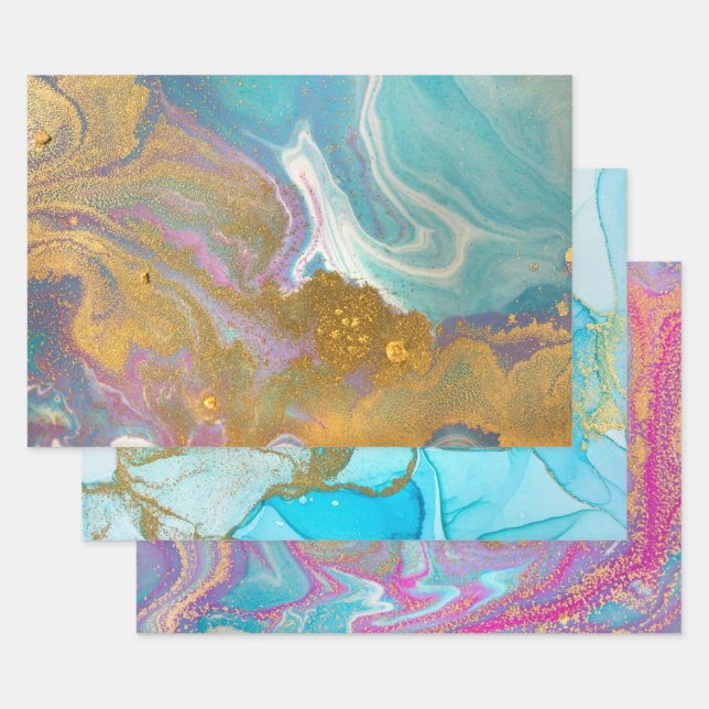 Marbled Swirls Pink Aqua Blue Gold Glitter Stylish Wrapping Paper Sheet (Set)
