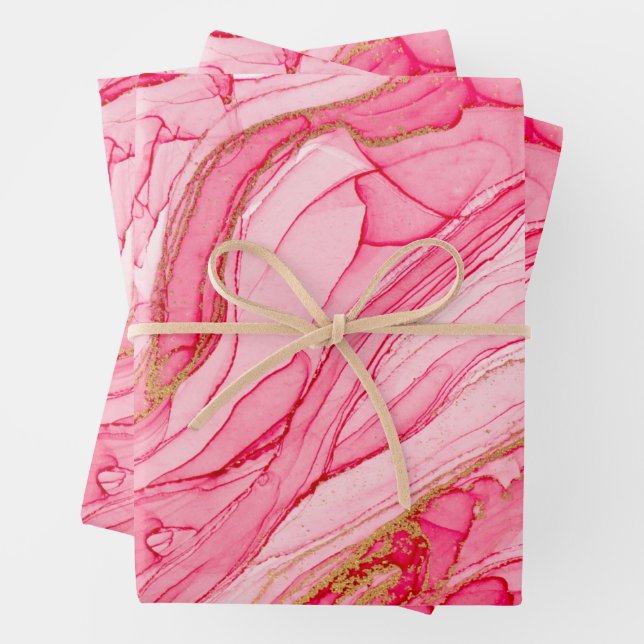 Marbled Swirls Pink Gold Wrapping Paper Sheet (In situ)