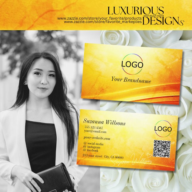 Marbled Yellow Orange Curved Decor Logo QR Code Business Card (Creator Uploaded)