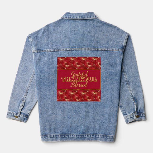 Marbleised "Grateful, Thankful, Blessed" Red Gold Denim Jacket (Back)