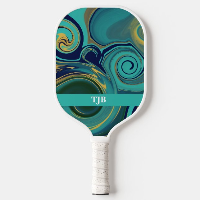 Marbleised Navy Green Gold Pickleball Paddle (Front)