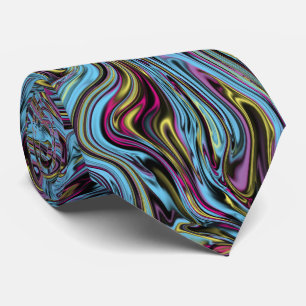 Marbleised Swirls of Black Yellow Pink Blue Colour Tie