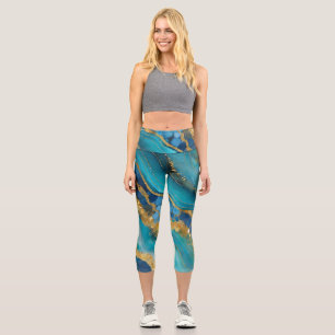 Marbleised Teal Gold Capri Leggings