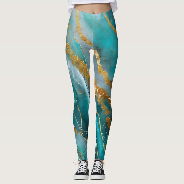 Marbleised Teal Gold Elegant  Leggings (Front)