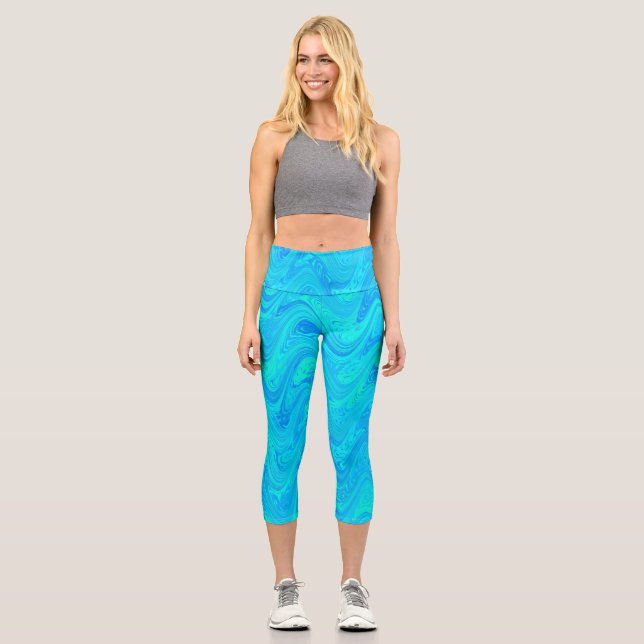 Marbling Blue Green Pattern Capri Leggings (Front)