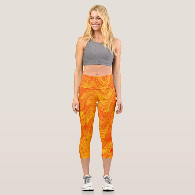 Marbling Orange Yellow Red Pattern Capri Leggings (Front)