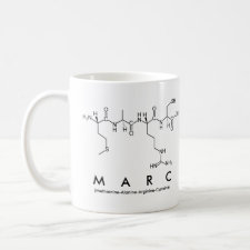 Mug featuring the name Marc spelled out in the single letter amino acid code