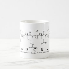 Mug featuring the name Marcela spelled out in the single letter amino acid code