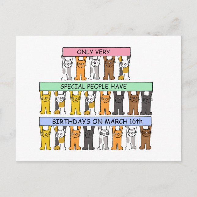 March 16th Birthday Cartoon Cats Postcard (Front)