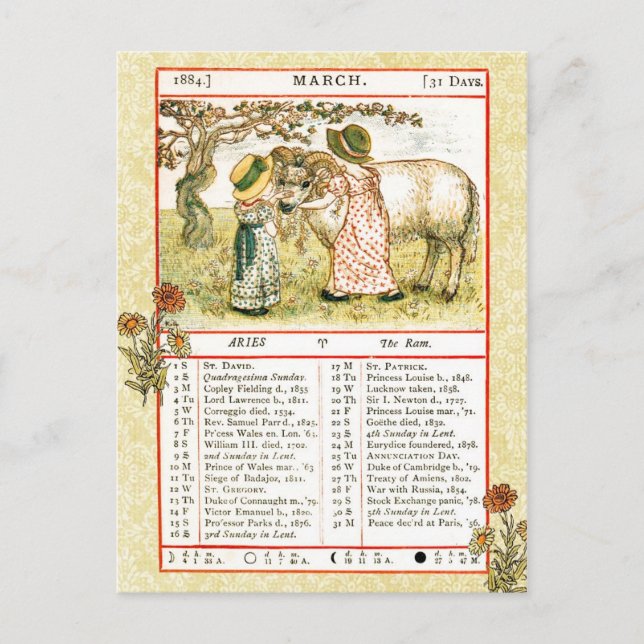 March 1884 Almanac.  Aries, The Ram Postcard (Front)