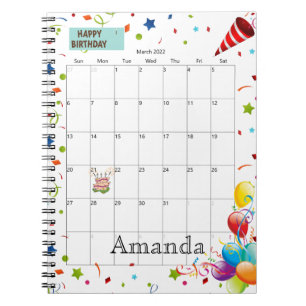 March 2022 Calendar Happy Birthday Notebook