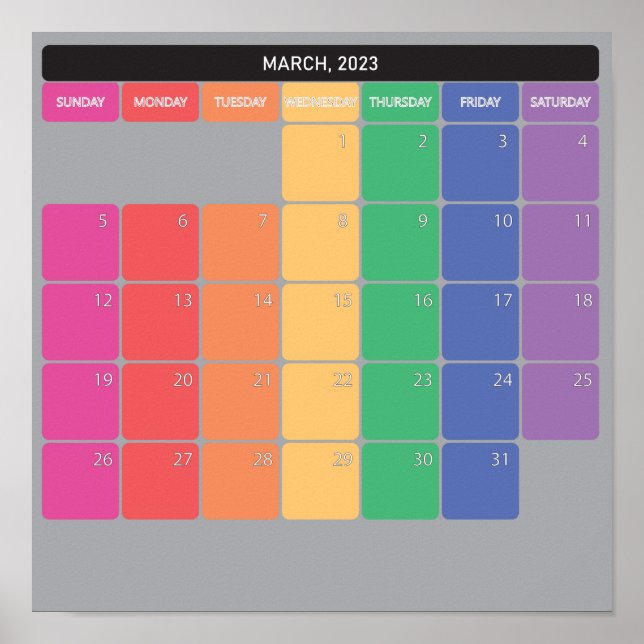 March 2023 planer calendar colour days poster (Front)