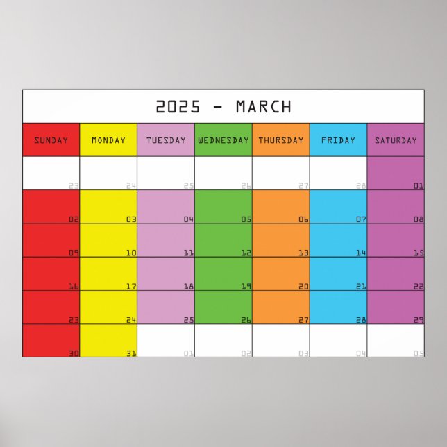March 2025 colour days calendar planer poster (Front)