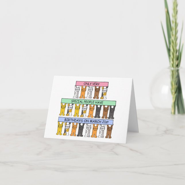 March 21st Birthday Cartoon Cats Card (Front)