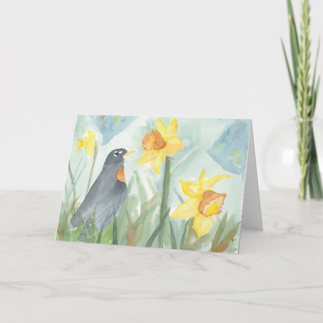 March; American Robin & Daffodil; Greeting Card (Front)