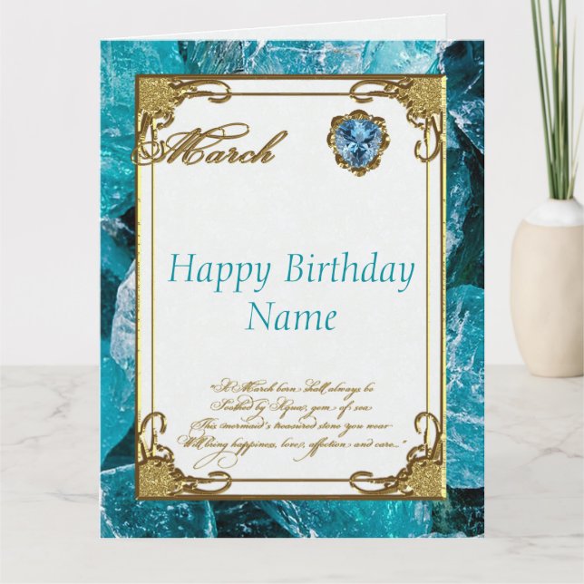 March Aquamarine Birthstone 8.5x11 Birthday Card (Front)