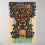 March - Aries Poster<br><div class="desc">Month of March. Zodiac sign Aries.  Beautiful vintage Art Nouveau artwork,  with Art Deco influence,  published as a postcard in 1911. Very colorful with birth flower,  birth stone,  bright colors and block letters.</div>