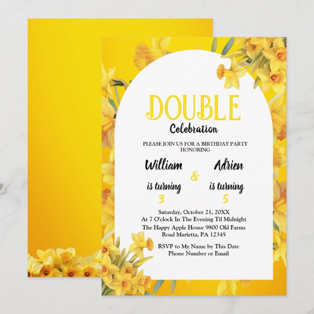  March birth Daffodil Double Celebration Birthday Invitation (Front/Back)