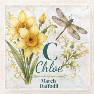 March Birth Flower Daffodil Monogram Dragonfly Tot Glass Coaster