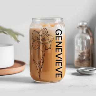 March Birth Flower Daffodil with Custom Name  Can Glass