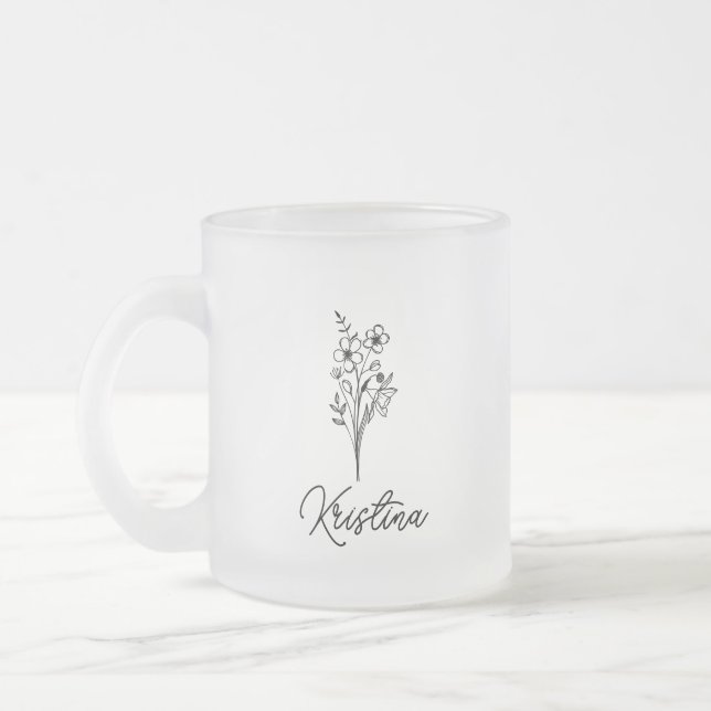 March Birth Flower & Elegant Script Name Frosted Glass Coffee Mug (Left)