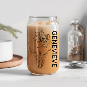 March Birth Flower Jonquil with Custom Name  Can Glass