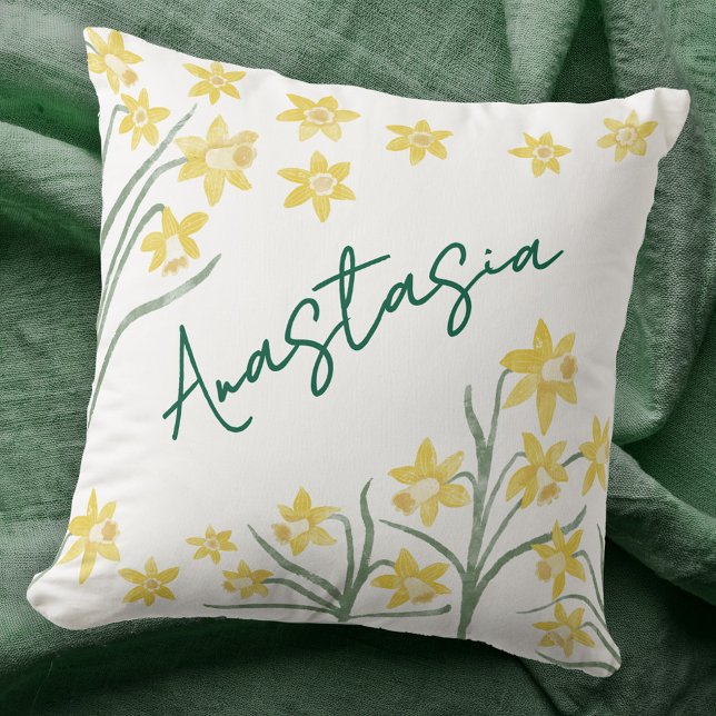 March Birth Month Daffodil Personalized Cushion (March Birth Month Flower daffodil personalized custom name script font watercolor birthday pillow)